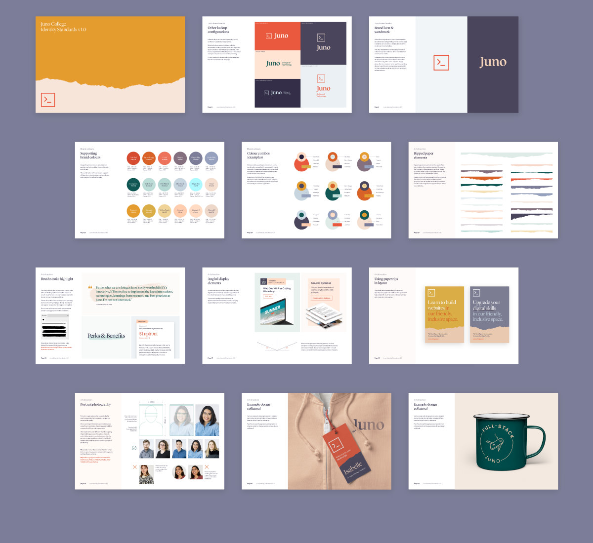 Pages from the brand standards guide for Juno featuring logo design, brand colours, typography, and general art direction overview