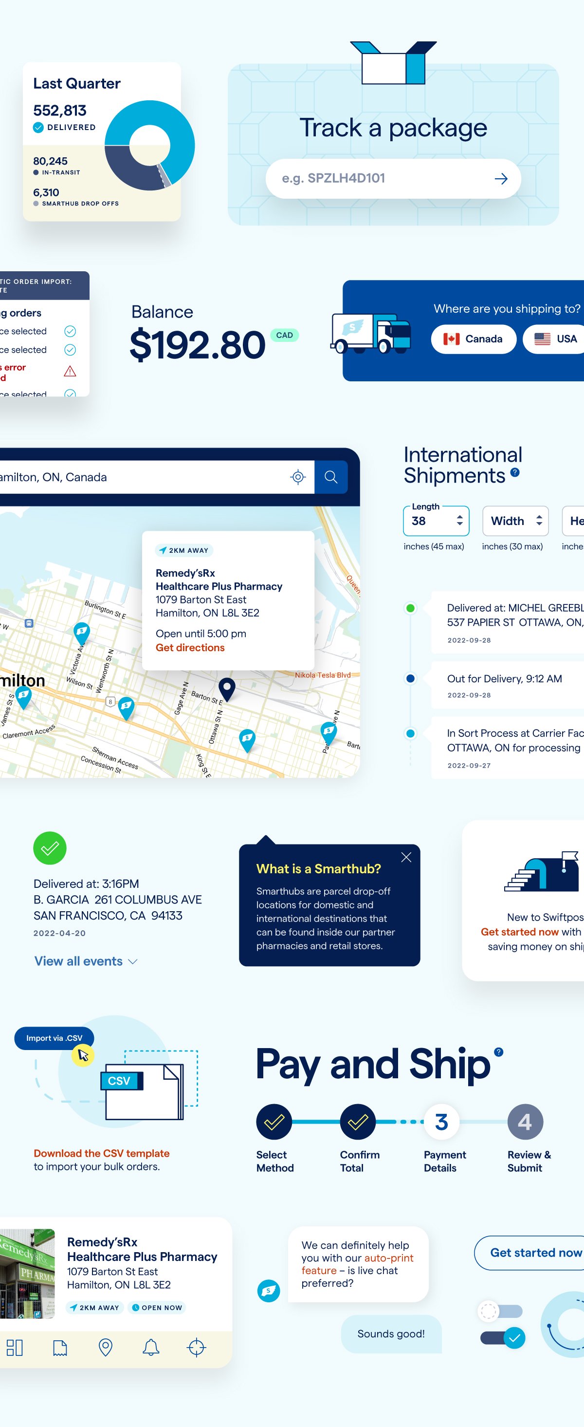 Isolated product UI designs of form fields, map styles, buttons, tooltips, and other UI elements for Swiftpost