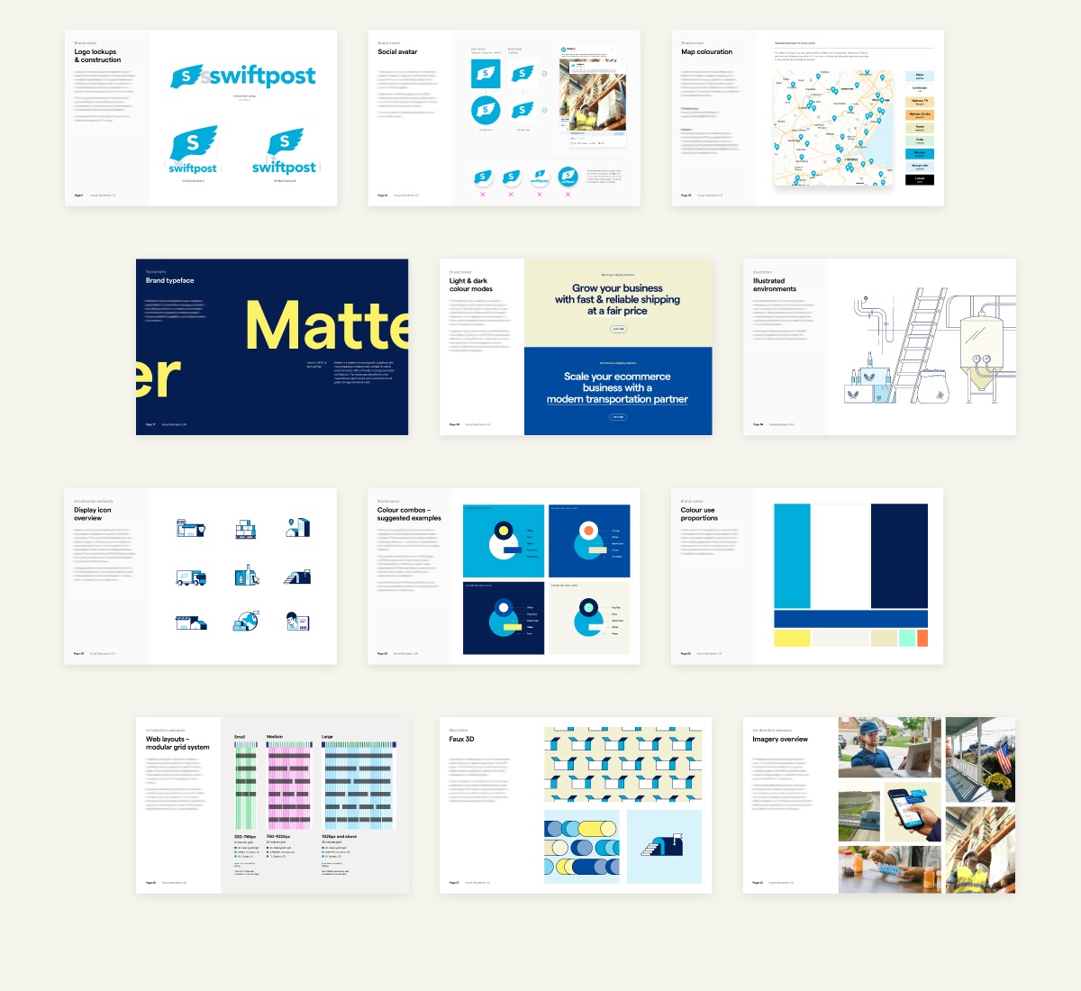 Internal pages of Visual Standards doc with Swiftpost logo design, brand colours, type, illustration, photos, and web guidelines