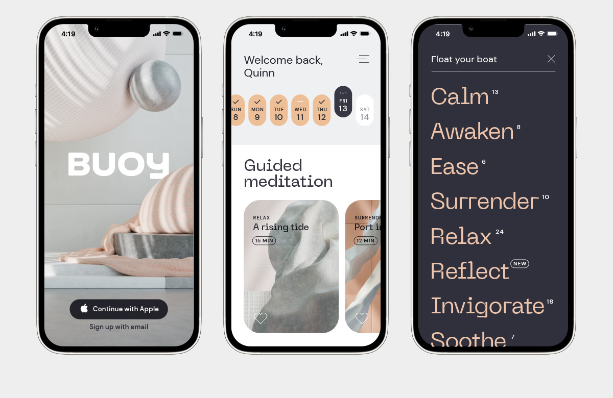 Native iOS meditation app design for BUOY on mobile phones